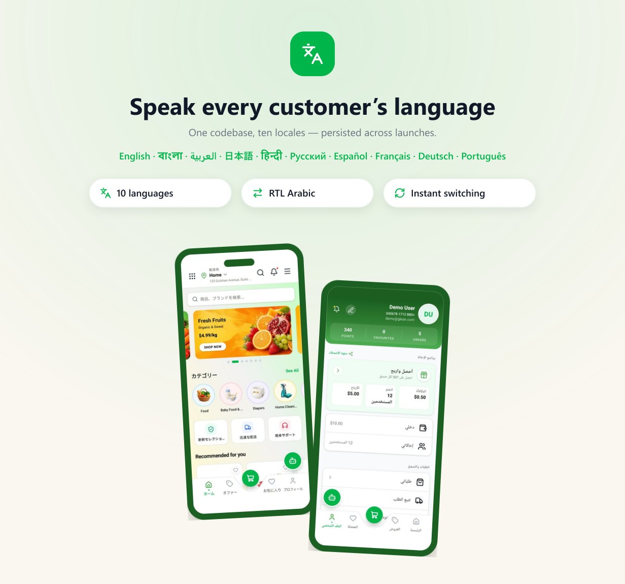 Glean multi-language support with RTL Arabic